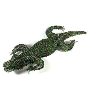 Beaded Crocodile 10" Green Glass Beads & Wire Sculpture Croc
